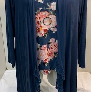 1X/2X Three Piece Trio - Shirt, Cardigan and Jewelry
