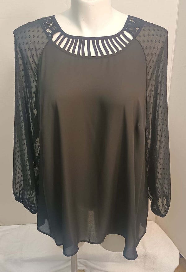 1X(16W) Black Rainn Long sleeve sheer black dress top